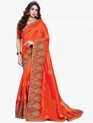 Dark Orange Embroidered Vichitra Silk Designer Saree small FABSA21146