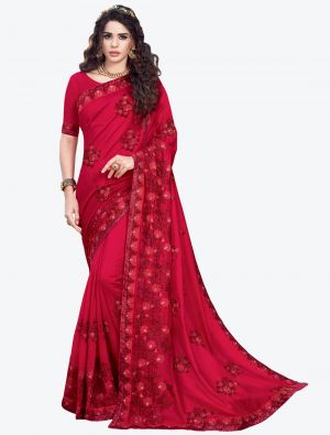 Pinkish Red Embroidered Vichitra Silk Designer Saree small FABSA21152