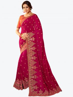 Rani Pink Resham Embroidered Vichitra Silk Designer Saree small FABSA21144