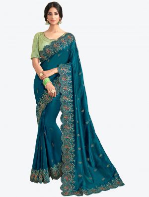 Teal Blue Resham Embroidered Vichitra Silk Designer Saree small FABSA21143