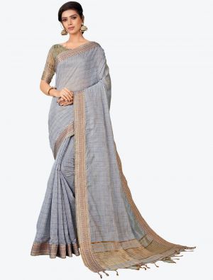 Bluish Grey Printed And Woven Cotton Silk Designer Saree small FABSA21195