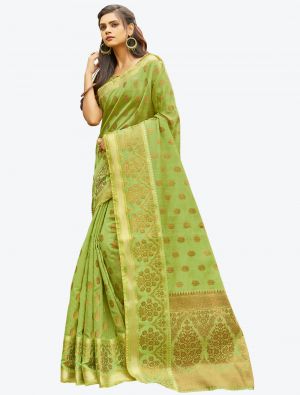 Light Green Heavy Woven Work Handloom Cotton Designer Saree small FABSA21200