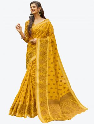 Mustard Yellow Heavy Woven Work Handloom Cotton Designer Saree small FABSA21205