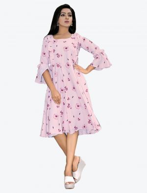 baby pink poly cotton digital printed casual wear frock fabku20463