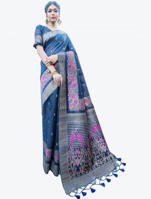 Blue Heavy Woven Work Tussar Silk Designer Saree small FABSA21249