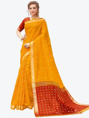 Dark Yellow Woven Work Pure Cotton Festive Wear Designer Saree small FABSA21233