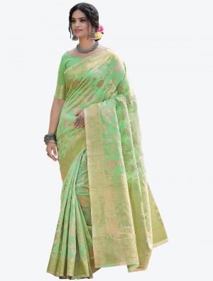 Light Green Woven Zari Linen Festive Wear Designer Saree small FABSA21243