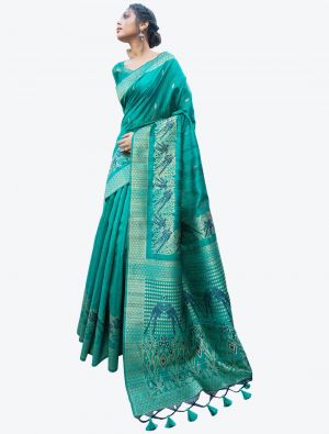 Sea Green Heavy Woven Work Tussar Silk Designer Saree small FABSA21246