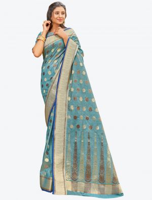 Sky Blue Woven Work Handloom Cotton Designer Saree FABSA21255