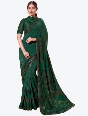 Deep Green Lycra Heavy Embroidery Work Party Wear Designer Saree FABSA21269