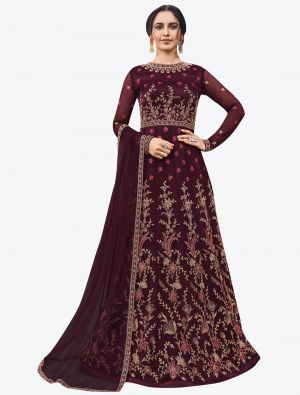 Deep Wine Butterfly Net Party Wear Floor Length Suit with Dupatta small FABSL20627