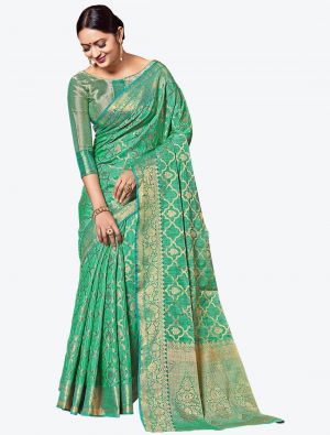 Mint Green Woven Jacquard Work Silk Designer Saree small FABSA21287