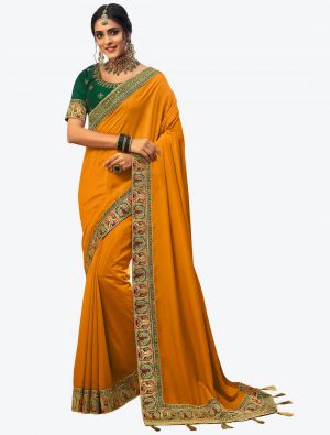 Mustard Yellow Vichitra Silk Festive Wear Designer Saree small FABSA21278