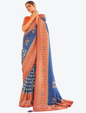 Bright Blue Zari Woven Digital Printed Patola Silk Designer Saree small FABSA21383