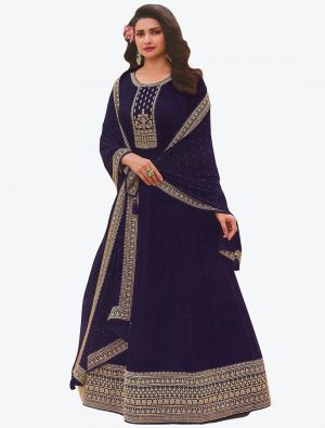 Dark Blue Embroidered Faux Georgette Party Wear Anarkali Floor Length Suit small FABSL20667