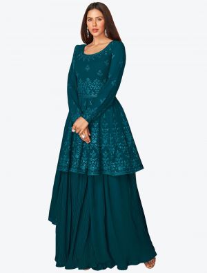 Dark Teal Embroidered Georgette Party Wear Plazzo Suit with Dupatta small FABSL20661