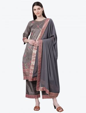 Deep Grey Poly Silk Party Wear Readymade Plazzo Suit with Dupatta FABSL20671