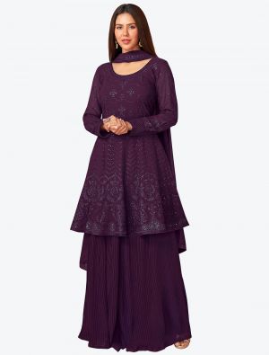 Deep Wine Embroidered Georgette Party Wear Plazzo Suit with Dupatta small FABSL20662