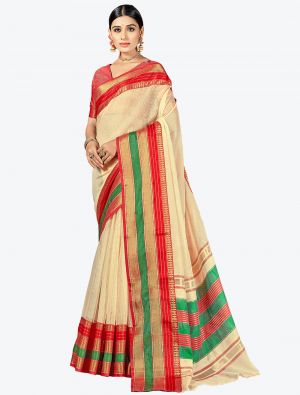 Light Beige Woven Cotton Silk Festive Wear Designer Saree small FABSA21333
