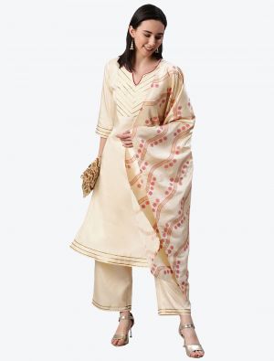 Light Cream Poly Silk Party Wear Readymade Plazzo Suit with Dupatta FABSL20676