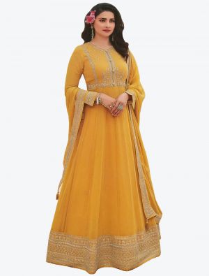 Mustard Yellow Embroidered Faux Georgette Party Wear Anarkali Floor Length Suit small FABSL20666