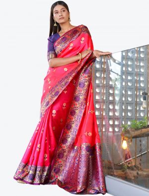 Neon Pink Woven Jacquard Kanjivaram Art Silk Festive Wear Designer Saree small FABSA21361