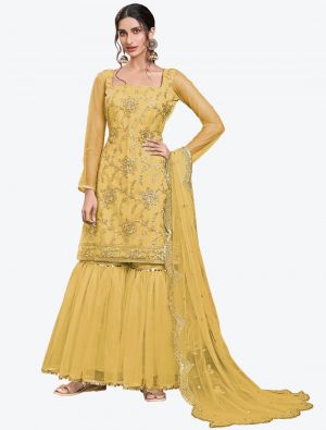 Pastel Yellow Butterfly Net Party Wear Designer Sharara Suit with Dupatta small FABSL20649