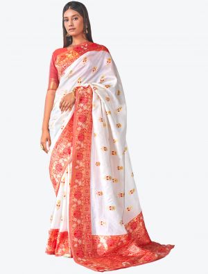 Pearl White Woven Jacquard Kanjivaram Art Silk Festive Wear Designer Saree small FABSA21362