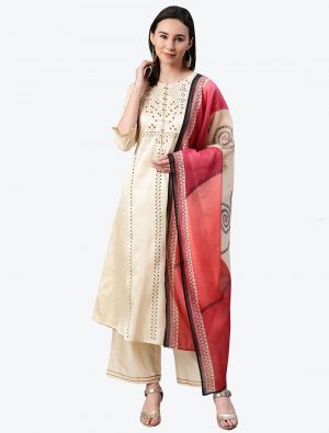 Perfect Cream Poly Silk Party Wear Readymade Plazzo Suit with Dupatta FABSL20680