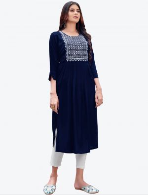 blue fine rayon embroidered casual wear long kurti fabku20511