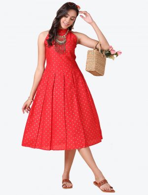 bright red poly cotton printed casual wear frock fabku20523