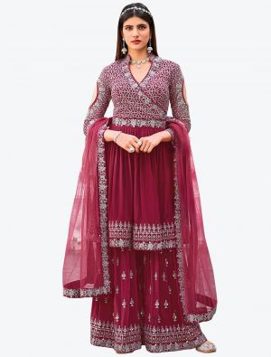 Burgundy Embroidered Fine Georgette Party Wear Designer Sharara Suit small FABSL20715