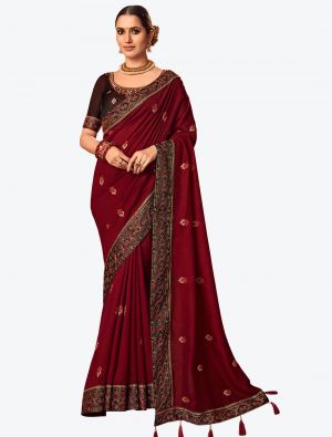 Dark Red Embroidered Vichitra Silk Party Wear Designer Saree FABSA21426