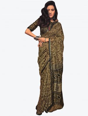 Deep Brown Block Print Fine Cotton Casual Wear Designer Saree small FABSA21468