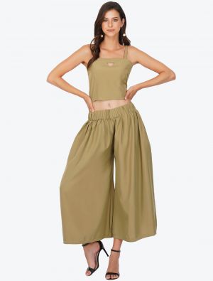 light brown polyester solid crop top with pant fabku20501