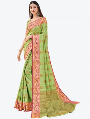 Light Green Zari Woven Handloom Cotton Party Wear Designer Saree small FABSA21475