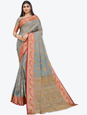 Light Grey Zari Woven Handloom Cotton Party Wear Designer Saree small FABSA21479