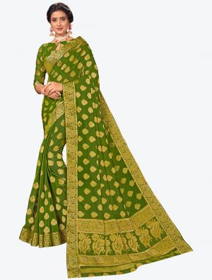 Mehendi Green Zari Woven Chiffon Festive Wear Designer Saree small FABSA21409