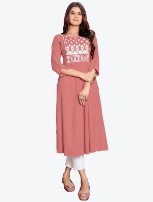 pink fine rayon embroidered casual wear long kurti fabku20507
