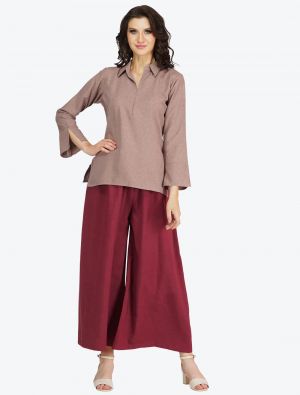 pinkish brown polyester solid shirt style top with pant fabku20499