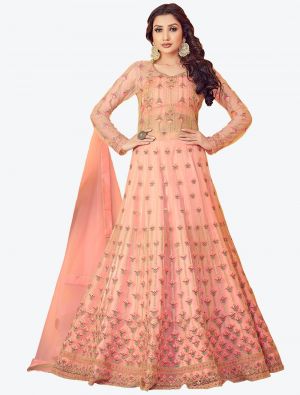 pinkish peach super net party wear designer gown with dupatta fabgo20111