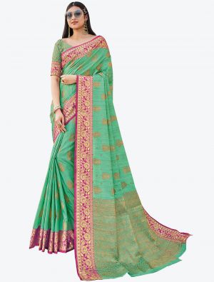 Rama Green Zari Woven Handloom Cotton Party Wear Designer Saree small FABSA21477