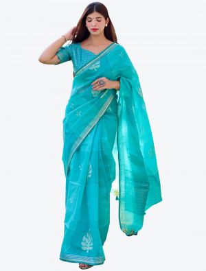 Turquoise Zari Woven Linen Silk Festive Wear Designer Saree small FABSA21414