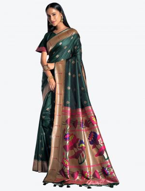 Bottle Green Woven Paithani Banarasi Soft Silk Designer Saree small FABSA21521