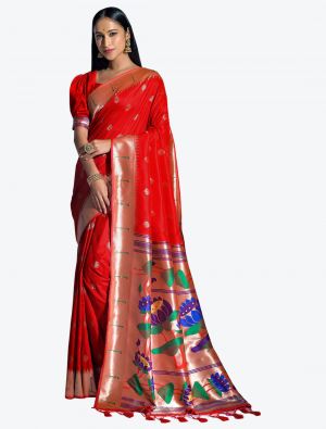 Bright Red Woven Paithani Banarasi Soft Silk Designer Saree small FABSA21524