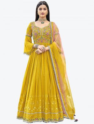 Bright Yellow Faux Georgette Festive Wear Designer Anarkali Suit thumbnail FABSL20756