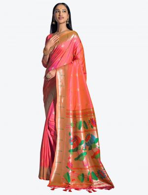 Coral Peach Woven Paithani Banarasi Soft Silk Designer Saree small FABSA21527