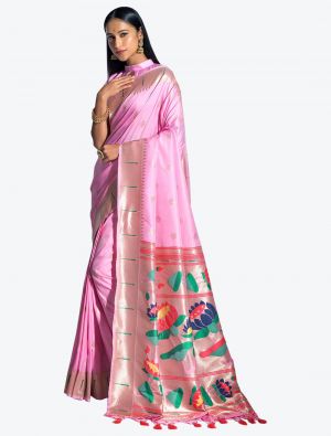Cotton Candy Pink Woven Paithani Banarasi Soft Silk Designer Saree small FABSA21528