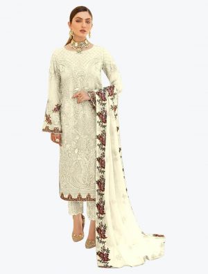 Creamy White Embroidered Faux Georgette Designer Pakistani Suit small FABSL20794
