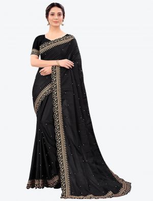 Jet Black Fancy Vichitra Silk Party Wear Designer Saree small FABSA21486